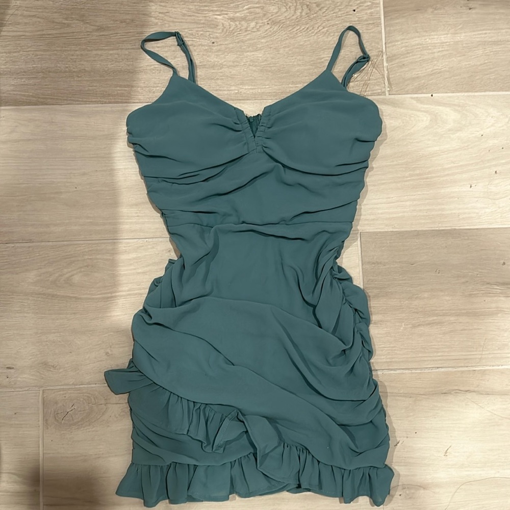 Speechless Teal-ish—Seafoam Scrunch Ruffle Mini Dress